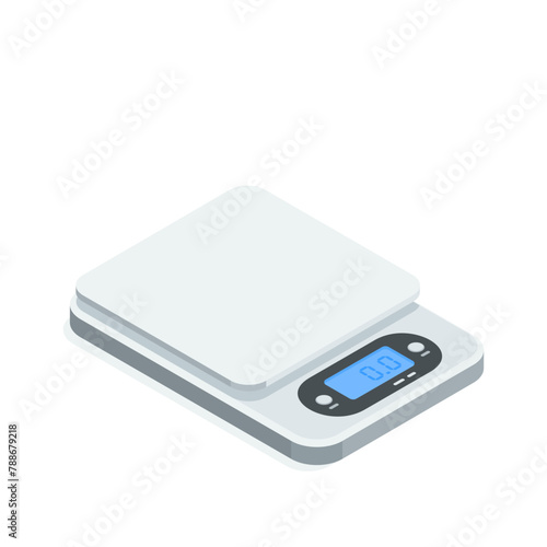 isometric vector flat electronic home kitchen scales, in color on a white background, weighing food for cooking