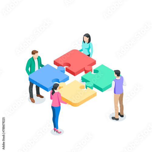 isometric vector people putting together puzzles, in color on a white background, teamwork and common business goal