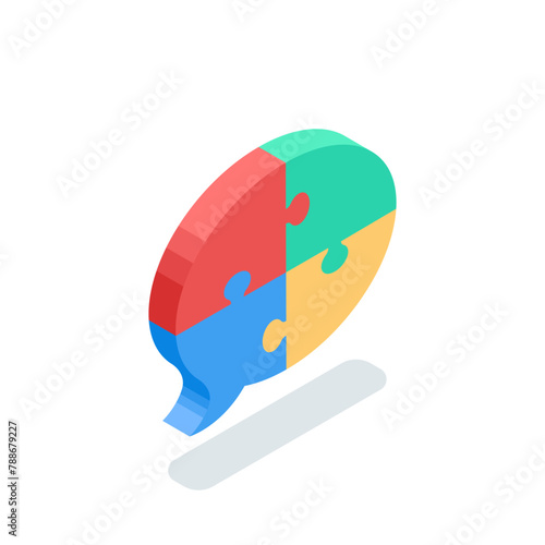 isometric vector text bubble in the form of a four piece puzzle, in color on a white background, management and business icon
