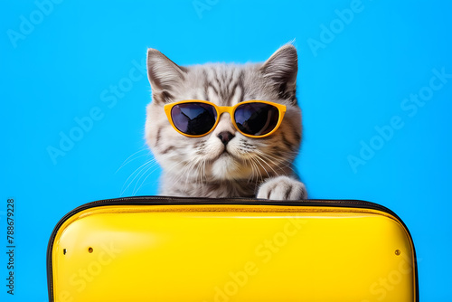 Cute kitten in sunglasses sits on a suitcase on a blue background