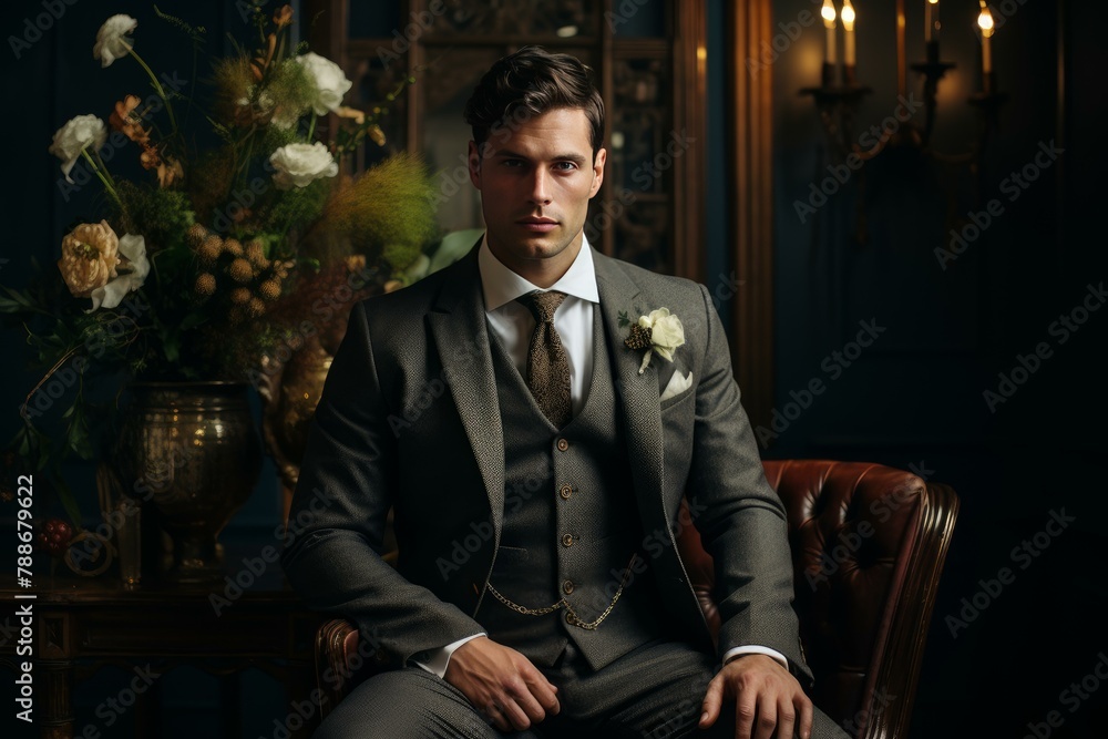 Distinguished Solo groom in gray suit. Stylish male on wedding photoshoot session. Generate ai