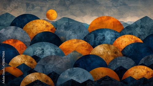   A painting of a mountain range with an orange sunball at its center, framed by a blue mountain range in the backdrop photo