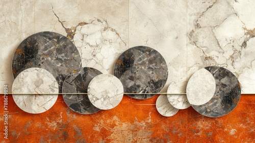  A collection of black and white circles atop a marble wall Nearby, a metal bar against a backdrop of additional marble