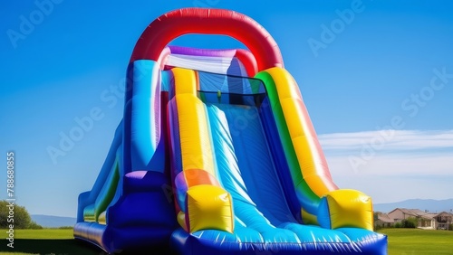 children's inflatable bright slide standing outdoors on the lawn