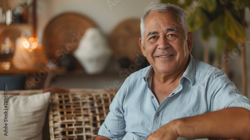 copy space, stockphoto,confident senior hispanic man posing sitting in the living room. single mature senior in living room. Happy woman sitting. Carefree lifestyle. Aged woman in good health.