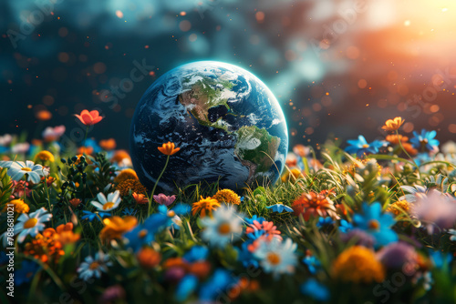 A glass globe surrounded by colorful wildflowers, evoking thoughts on global environmental diversity.
