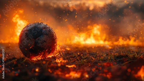 passion of the game with a football placed on the fiery crimson grass of a stadium, depicted in cinematic high resolution photography against a burning scarlet background.