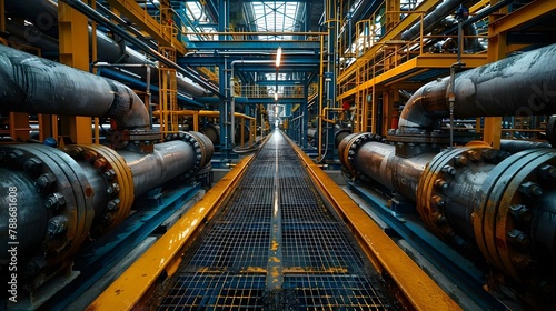 Symphony of Steel: Industrial Maze of Pipes and Walkways. Concept Industrial Photography, Steel Structures, Urban Exploration, Architectural Elements, Industrial Landscapes
