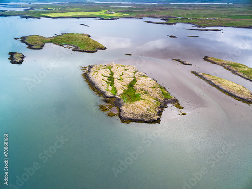 Aerial view of scenic coastline forms along Borgarfjordur fjord, Borgarnes, Iceland. photo