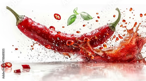   A few red peppers are submerged in a body of water, with a green pepper leaf floating on the surface photo