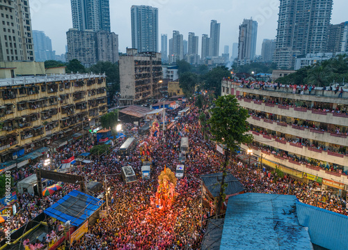 Aerial view of crowded Ganesh idol festival in Parel, Mumbai, India. photo