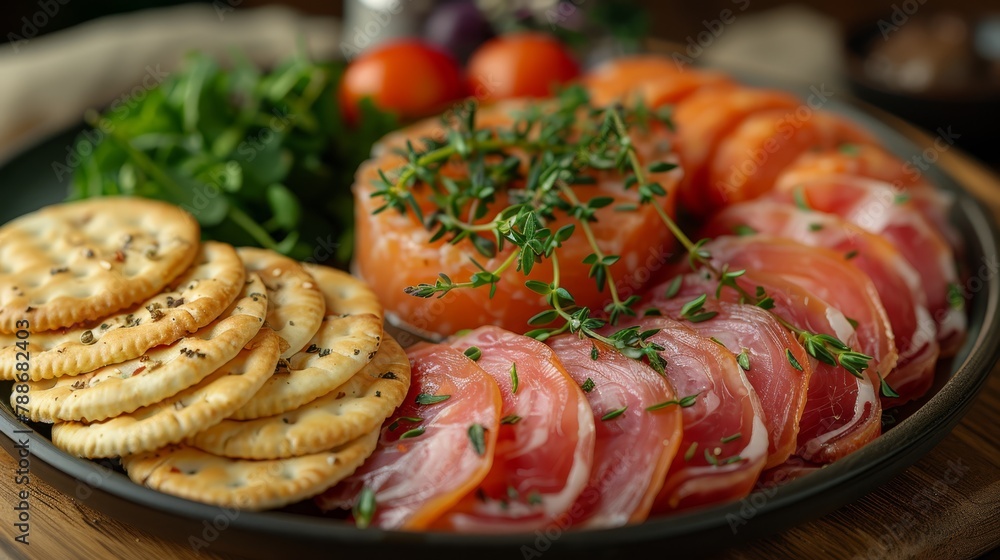 A wooden table is set with a cloth, displaying a plate of crackers, tomatoes, and various food items A wooden table is set with a cloth, displaying a plate of crackers, tomatoes, and various food items