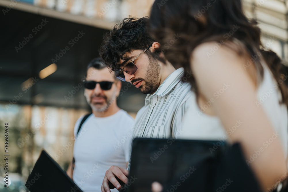 A multi-aged business team examines documents and strategizes outdoors, engaged in a productive meeting. A multi-aged business team examines documents and strategizes outdoors, engaged in a productive meeting.