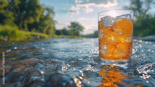 A glass of drink closely situated on a water surface, surrounded by trees and a blue sky in the backdrop