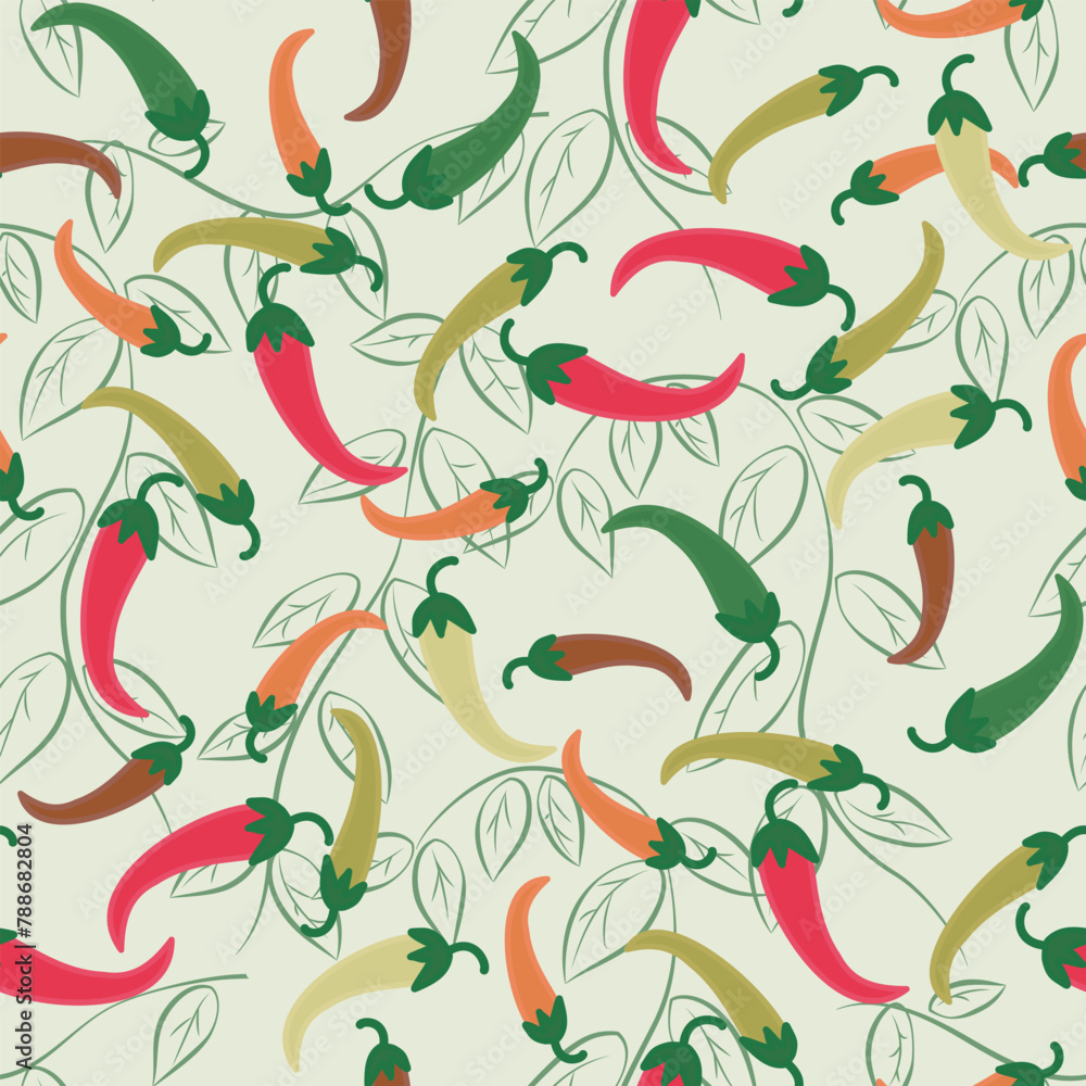Seamless pattern with chili pepper on a light green background. Seamless pattern with chili pepper on a light green background.
