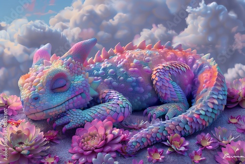 Render of a chubby dragon, multicolored pastel scales, lying down, surrounded by popart inspired flowers and clouds,
