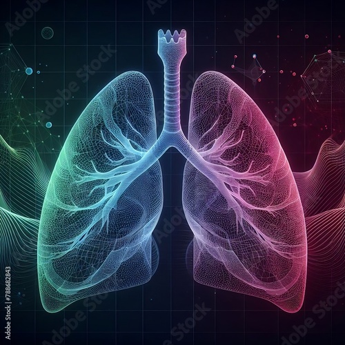 Vector human bronchi lungs anatomy structure with abstract 3d geometry lines and gradient waves art to asthma day or medicine respiratory system organ on dark background created with generative ai.