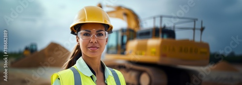 A joyful female miner stands beside a massive haul truck, adorned in protective safety gear. Woman Miner works