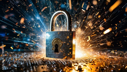 Symbolic image of broken security: padlock violently destroyed