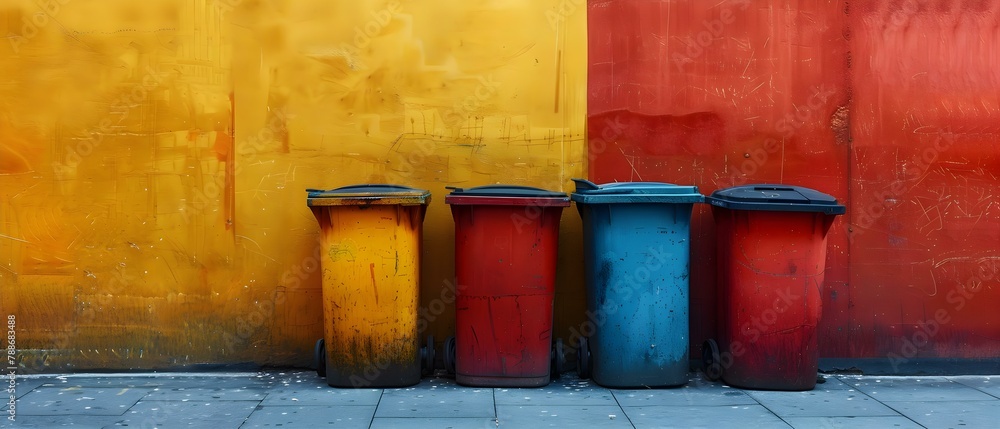 Colorful Urban Recycling Bins Against Vibrant Walls. Concept Street Art, Environmental Sustainability, Urban Architecture, Recycling Initiatives, Colorful Photography