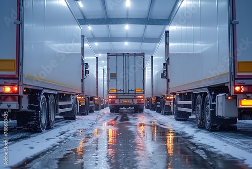 A convoy of refrigerated trucks parked at a distribution center, their temperature-controlled cargo bays open for loading