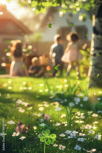 Render of a fourleaf clover found on a child s shoe, playing in a backyard, soft focus on the grass and flowers around, family gathering in the distance