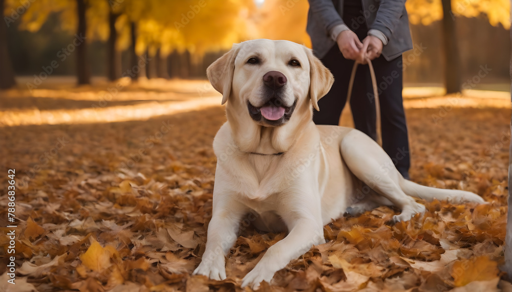 labrador retriever dog in autumn leaves background labrador retriever dog in autumn leaves background