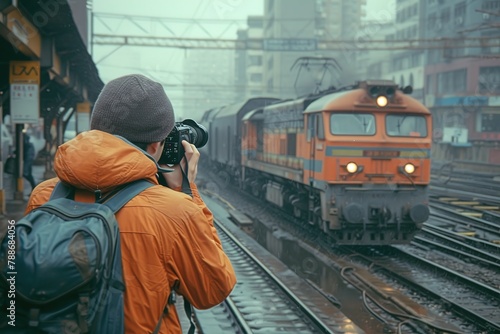 A dedicated train enthusiast capturing the perfect shot of a passing locomotive, camera poised photo