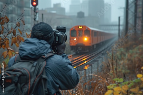 A dedicated train enthusiast capturing the perfect shot of a passing locomotive, camera poised