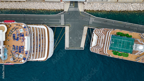 Split, Croatia - 16 April 2024: Aerial view of turquoise sea with cruise ship, Split, Split-Dalmatia, Croatia. photo