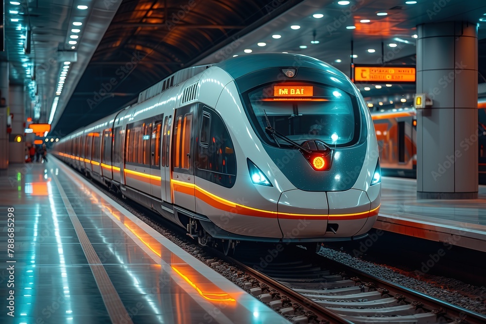 Fototapeta premium A modern commuter train arriving at a station, its sleek design blending with contemporary architecture