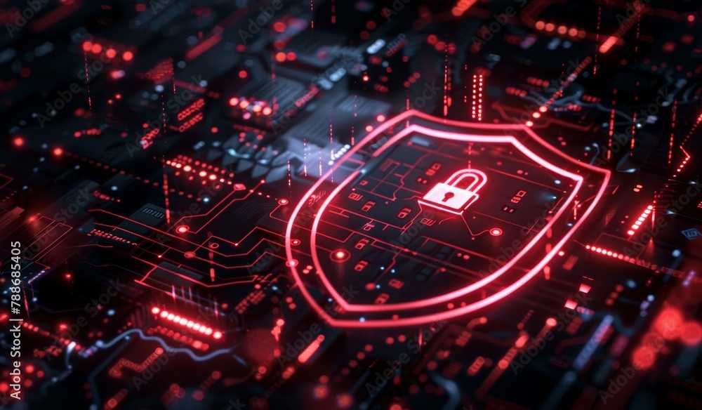 Fototapeta premium A shield icon surrounded by digital symbols of security, such as lock graphics and binary code The background is dark with red lights illuminating the scene Generative AI