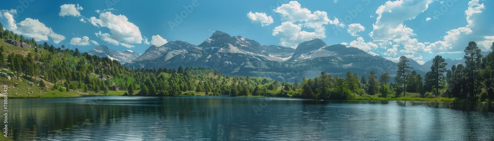 Serene landscape of a majestic mountain range by a tranquil blue lake with forested shores bathed in sunlight