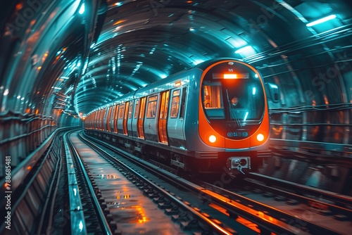 A modern commuter train gliding smoothly through an underground tunnel © Create image