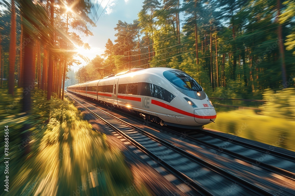 Fototapeta premium A modern high-speed train speeding through a scenic countryside, creating a sense of motion