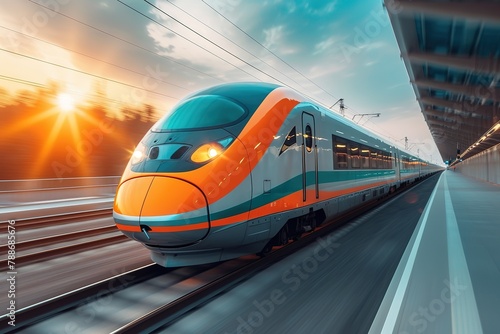 A modern high-speed train speeding through a scenic countryside, creating a sense of motion