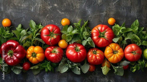  A black surface holds a group of red and yellow tomatoes, topped by green leaves Above the leaves are orange tomatoes