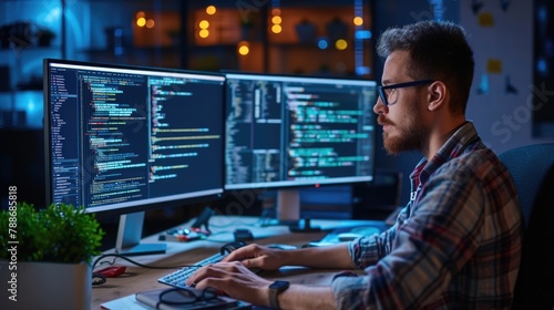 A software developer is engrossed in writing code on dual monitors, indicative of the concentration required in software engineering. AIG41