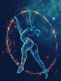 Gymnast in action made of polygon Al neon network, blue and orange tones, on dark blue background
