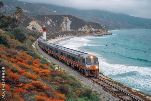 A passenger train passing by a historic lighthouse on a rugged coastline