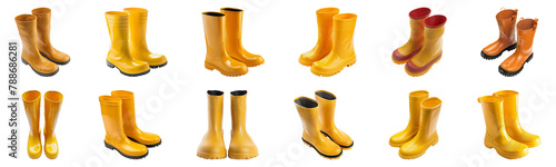 Variety of yellow rain boots isolated cut out png on transparent background
