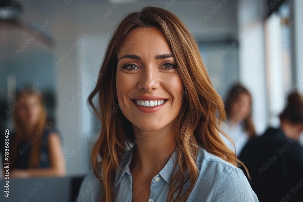 Portrait of a happy businesswoman in office with colleagues in background Portrait of a happy businesswoman in office with colleagues in background