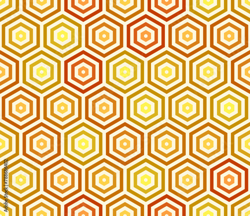 Vector background. Orange color tones gradients. Stacked hexagon bold mosaic cell. Large hexagon shapes. Seamless pattern. Tileable vector illustration.