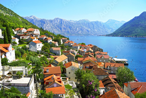 View of the Montenegrin city of Perast from the Bell Tower of St. Nicholas photo