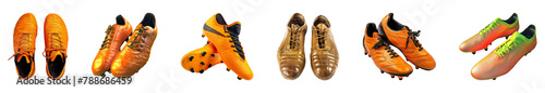 Range of vibrant orange soccer cleats isolated cut out png on transparent background