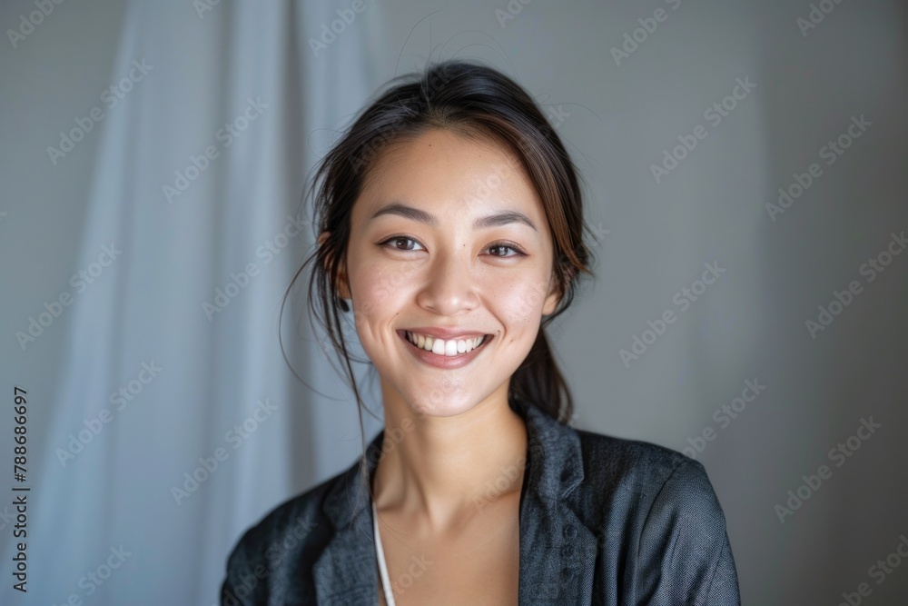 Businesswoman smiling in webcam for various professional interactions. Businesswoman smiling in webcam for various professional interactions.