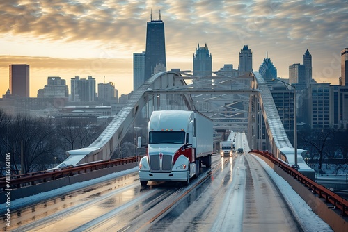 A semi-truck crossing an impressive arch bridge, with the city skyline in the background