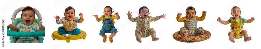 Hispanic baby bouncing happily in a baby jumper cut out png on transparent background Hispanic baby bouncing happily in a baby jumper cut out png on transparent background