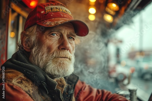 A semi-truck driver enjoying a hearty meal at a classic roadside barbecue joint, with smoke wafting from the grill © Create image