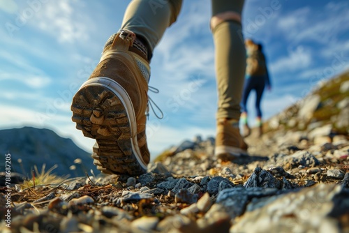couple Hiking in the mountains, blue sky, low angle close up shot focus foot walking to hill